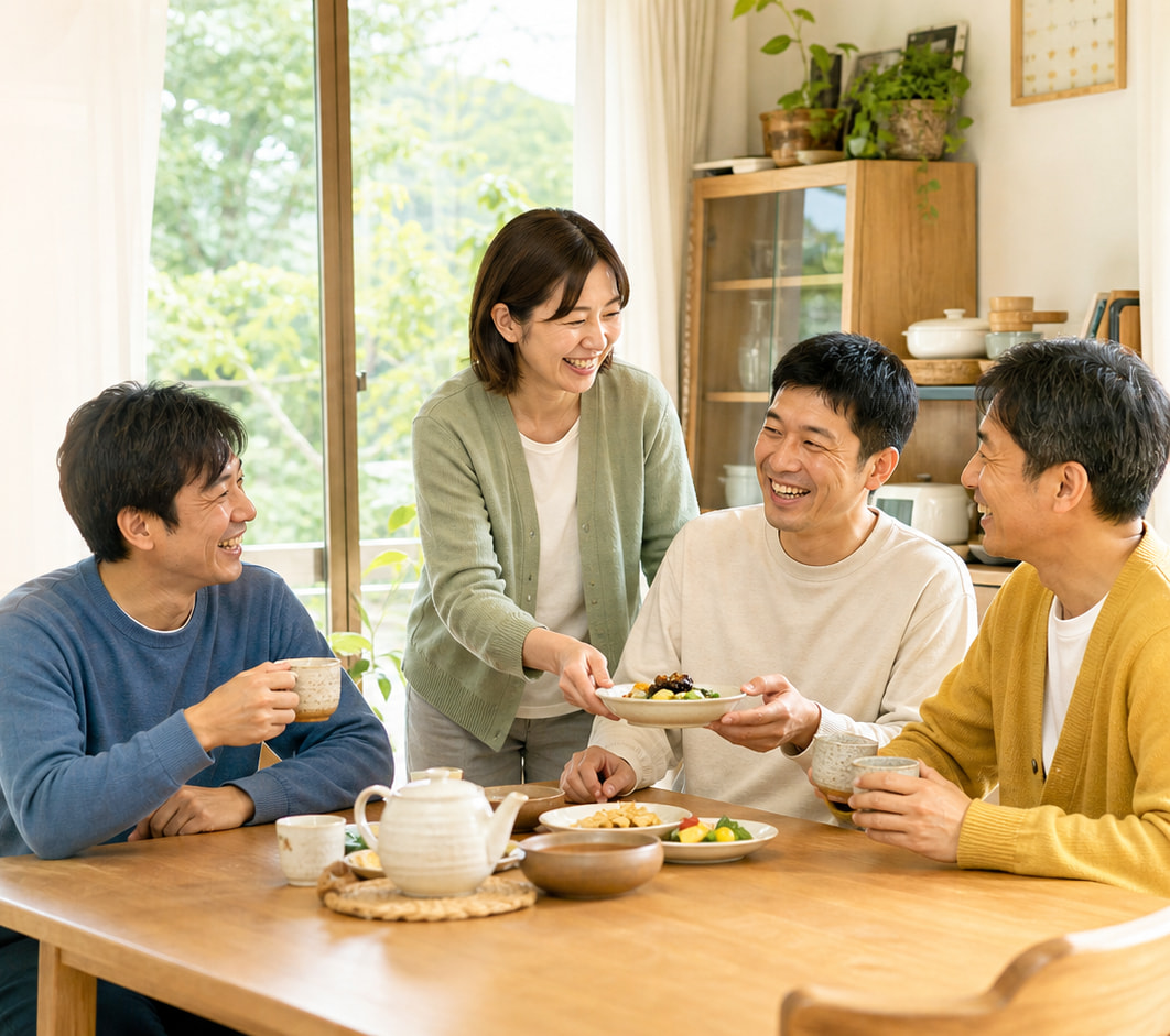 共有リビングの食卓を囲み、笑顔で過ごす人たち