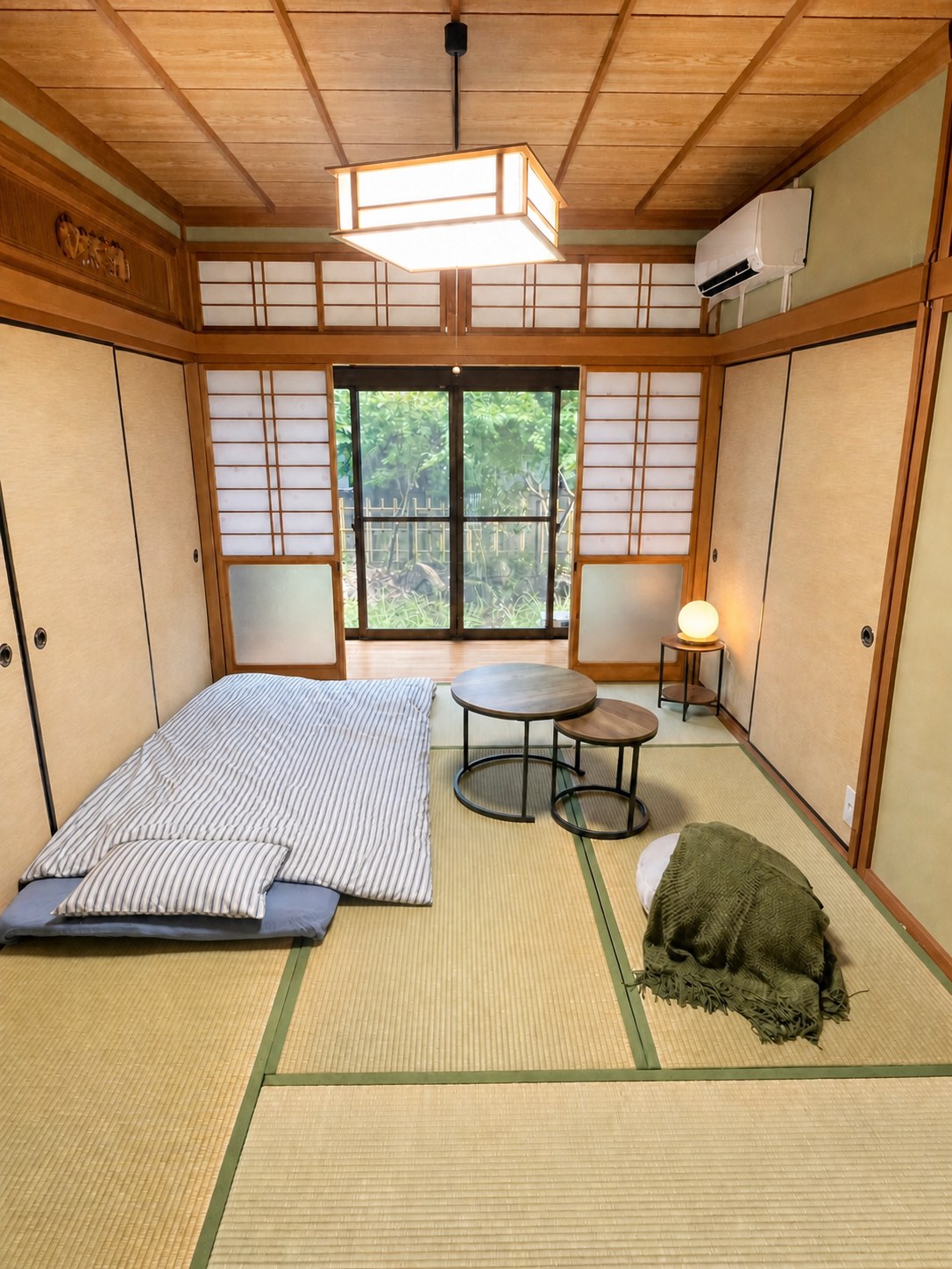 畳の居室に寝具、ローテーブル、エアコンを備えた居室例